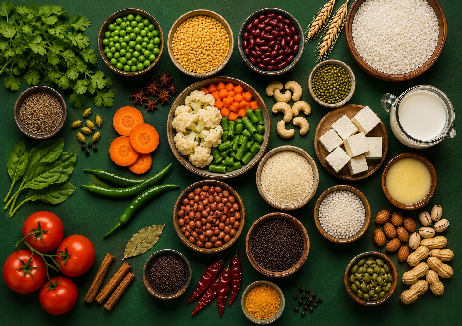 Rice, wheat, lentils, peas, rajma, moong, paneer, milk, ghee, cashews, almonds, pistachios, peanuts, vegetables and whole spices laid out on a green surface