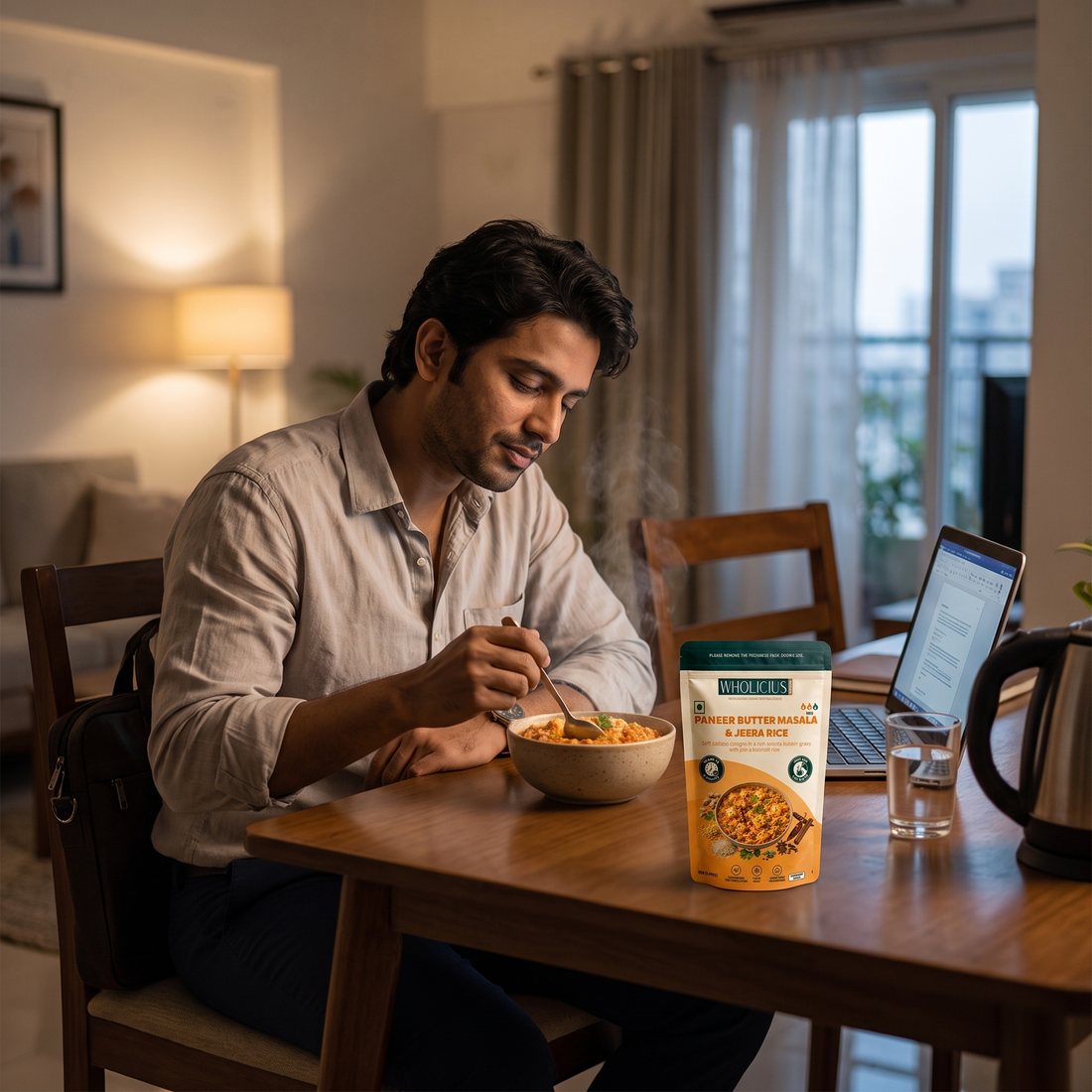 Eating a hot Wholicius bowl at a desk late in the evening