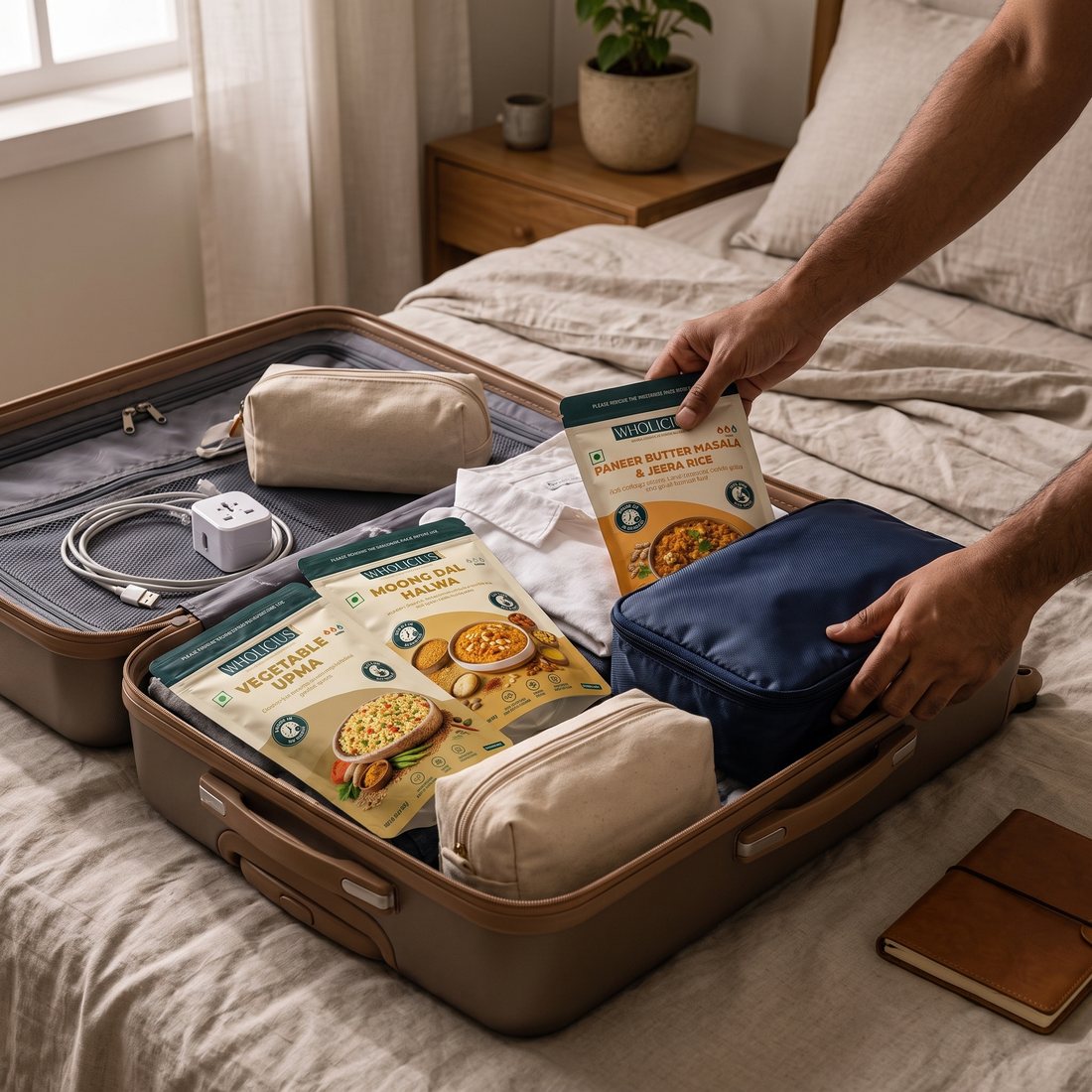 Wholicius pouches packed into a suitcase before a trip