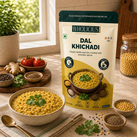 Wholicius Dal Khichadi pouch with a bowl of dal khichadi, freeze-dried, ready in 10 minutes