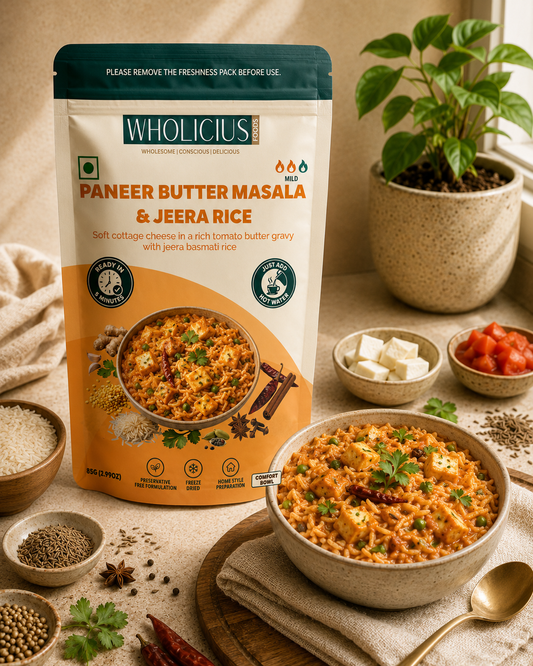 Wholicius Paneer Butter Masala & Jeera Rice pouch with a bowl of paneer and rice, freeze-dried, ready in 10 minutes
