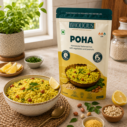 Wholicius Vegetable Poha pouch with a bowl of poha, freeze-dried, ready in 10 minutes
