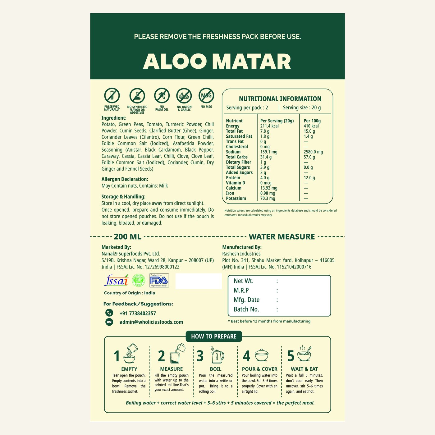 Aloo Matar — ingredients, allergens and nutrition