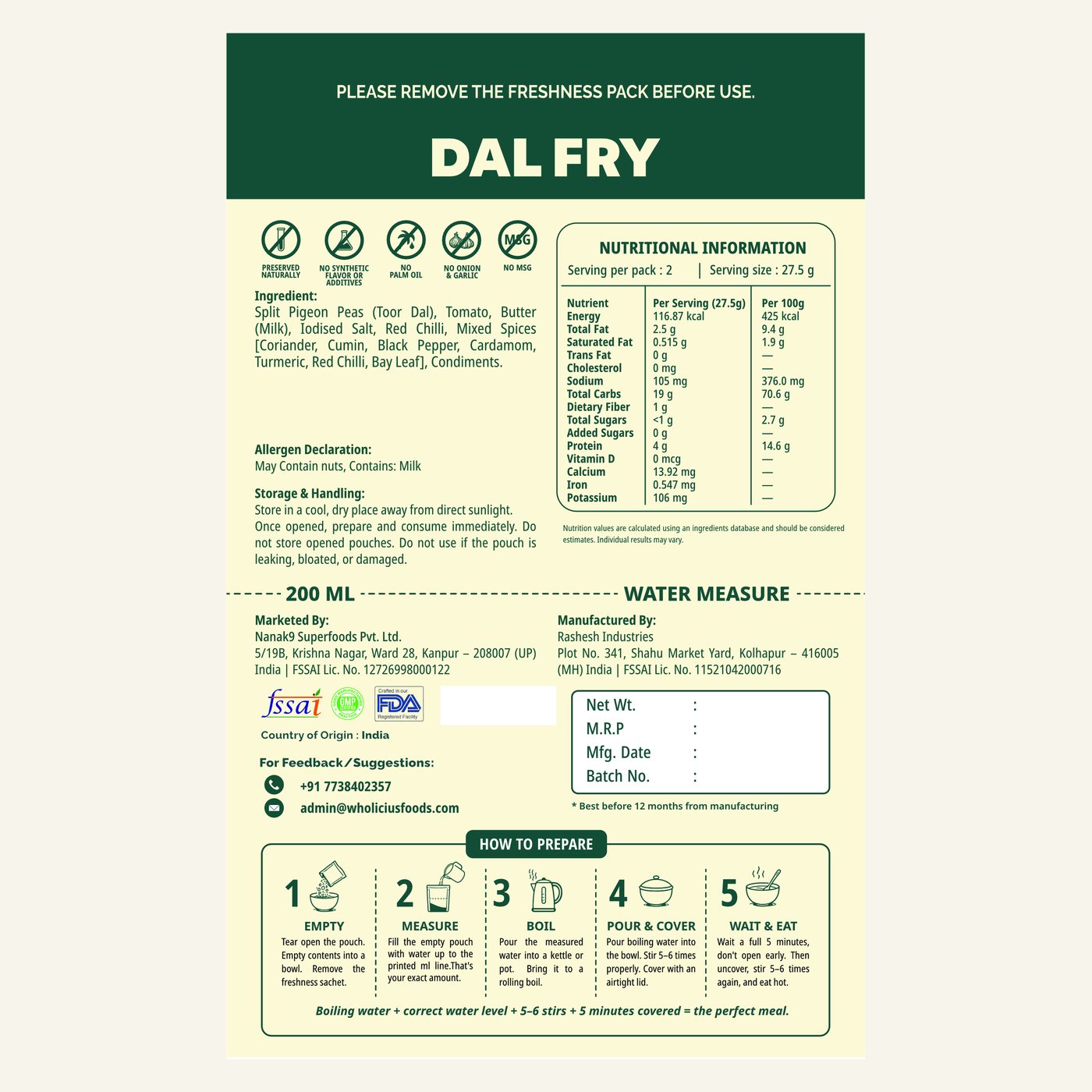 Dal Fry — ingredients, allergens and nutrition