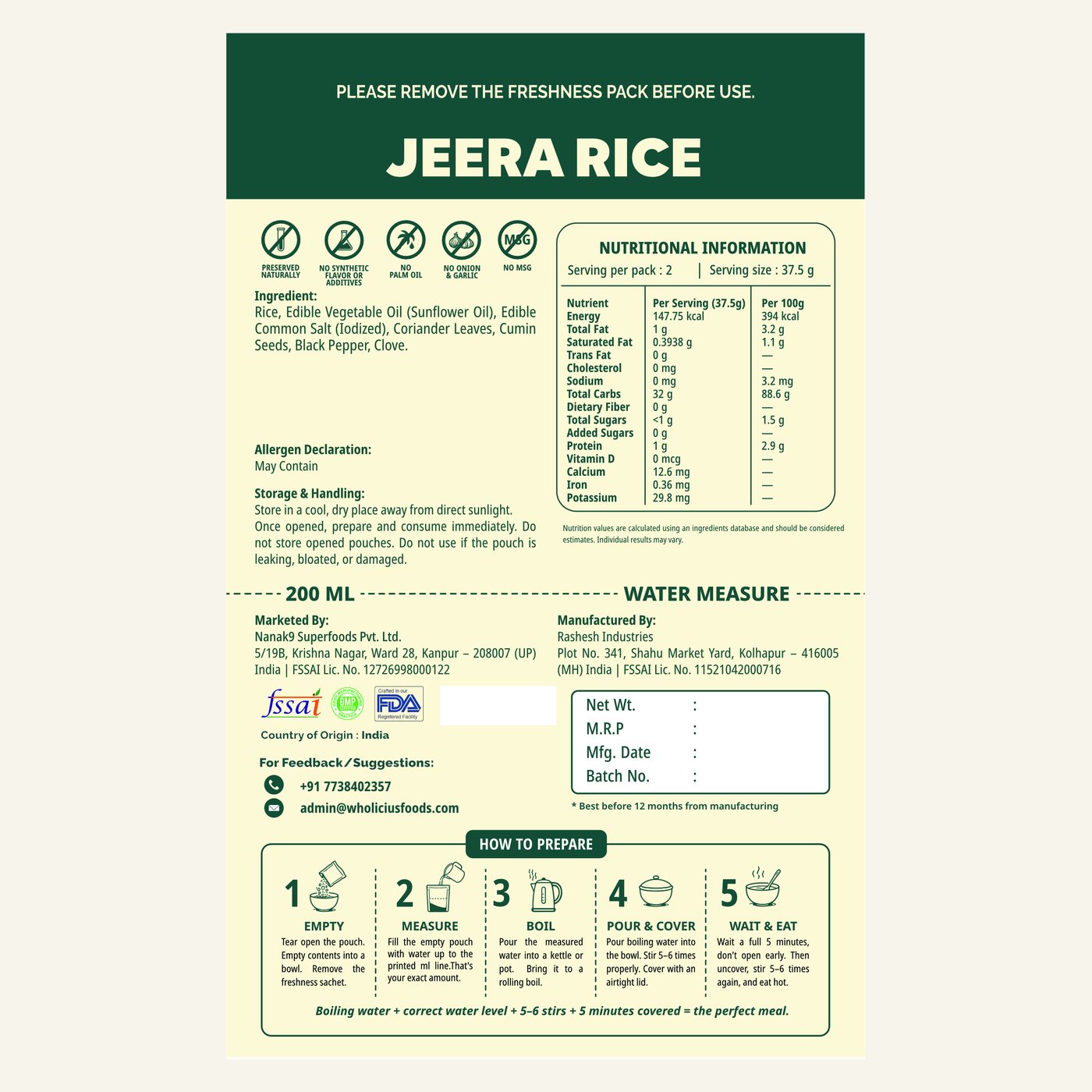 Jeera Rice — ingredients, allergens and nutrition