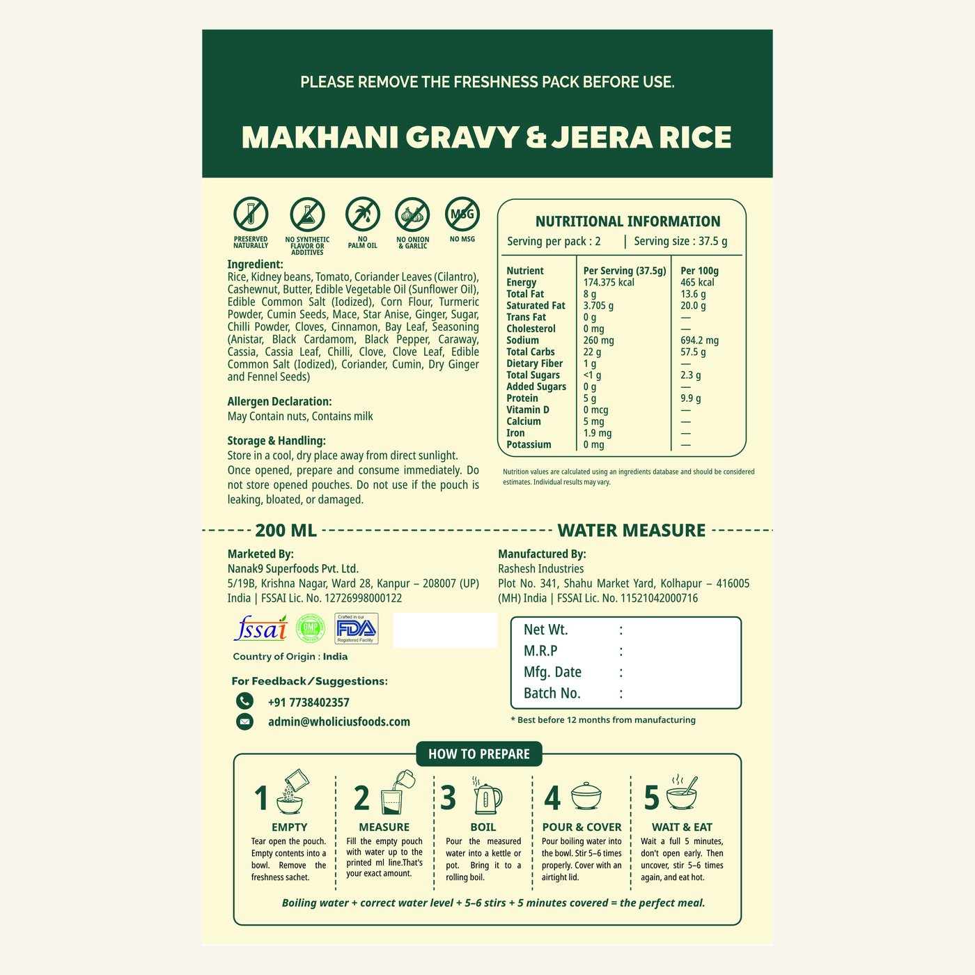 Makhani Gravy & Jeera Rice — ingredients, allergens and nutrition