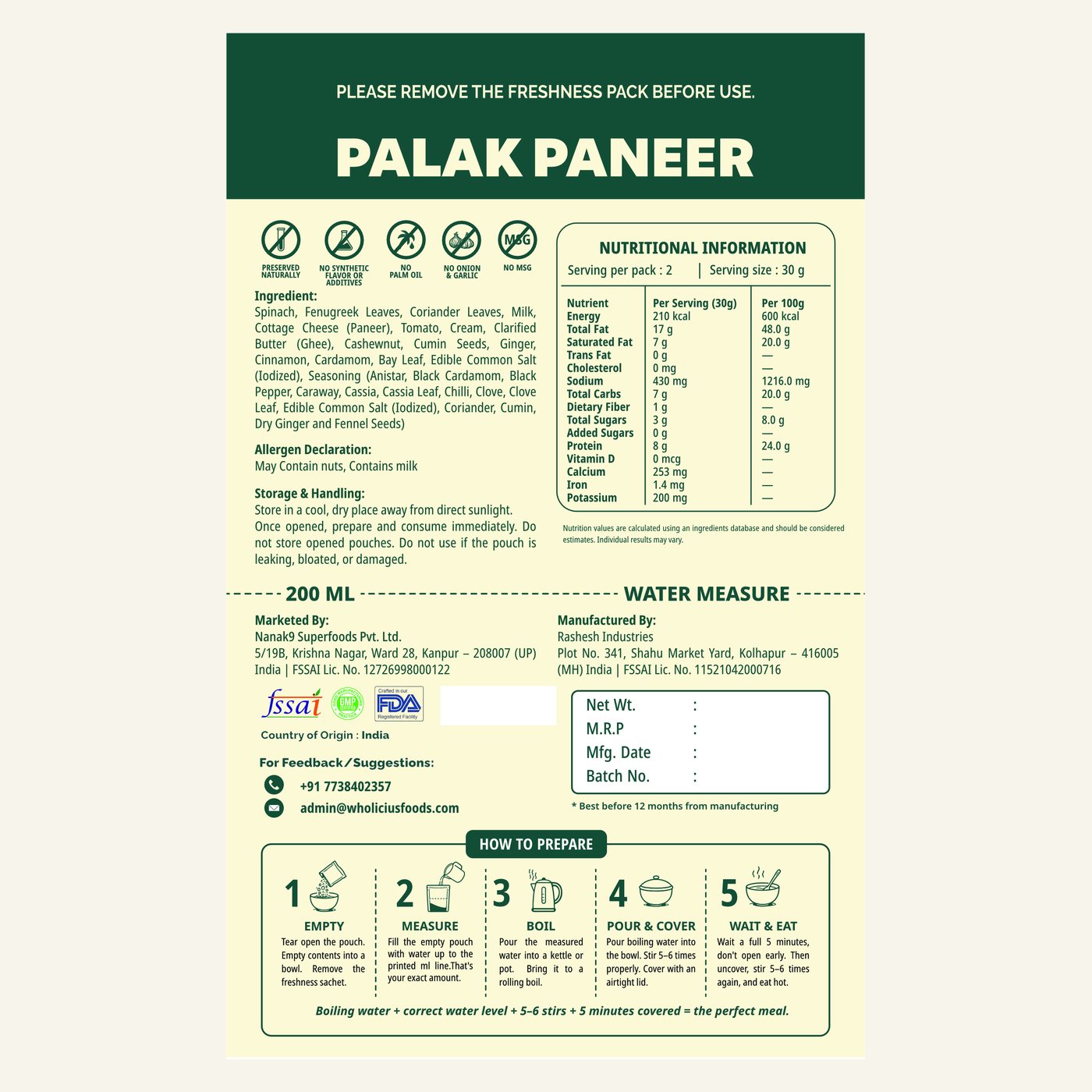 Palak Paneer — ingredients, allergens and nutrition
