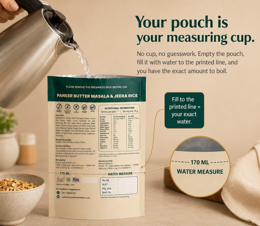 The pouch is your measuring cup — fill to the printed line for the exact water