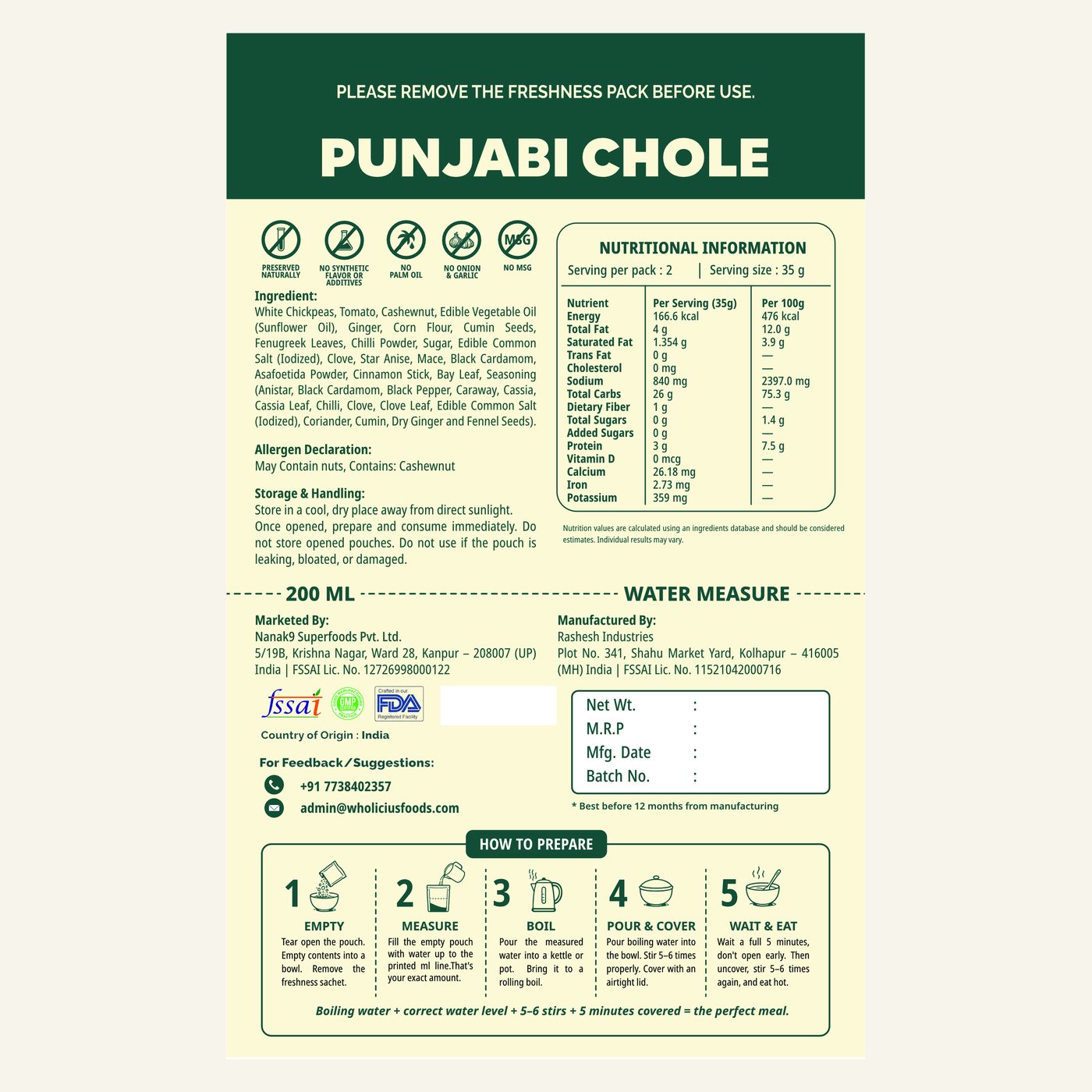 Punjabi Chole — ingredients, allergens and nutrition