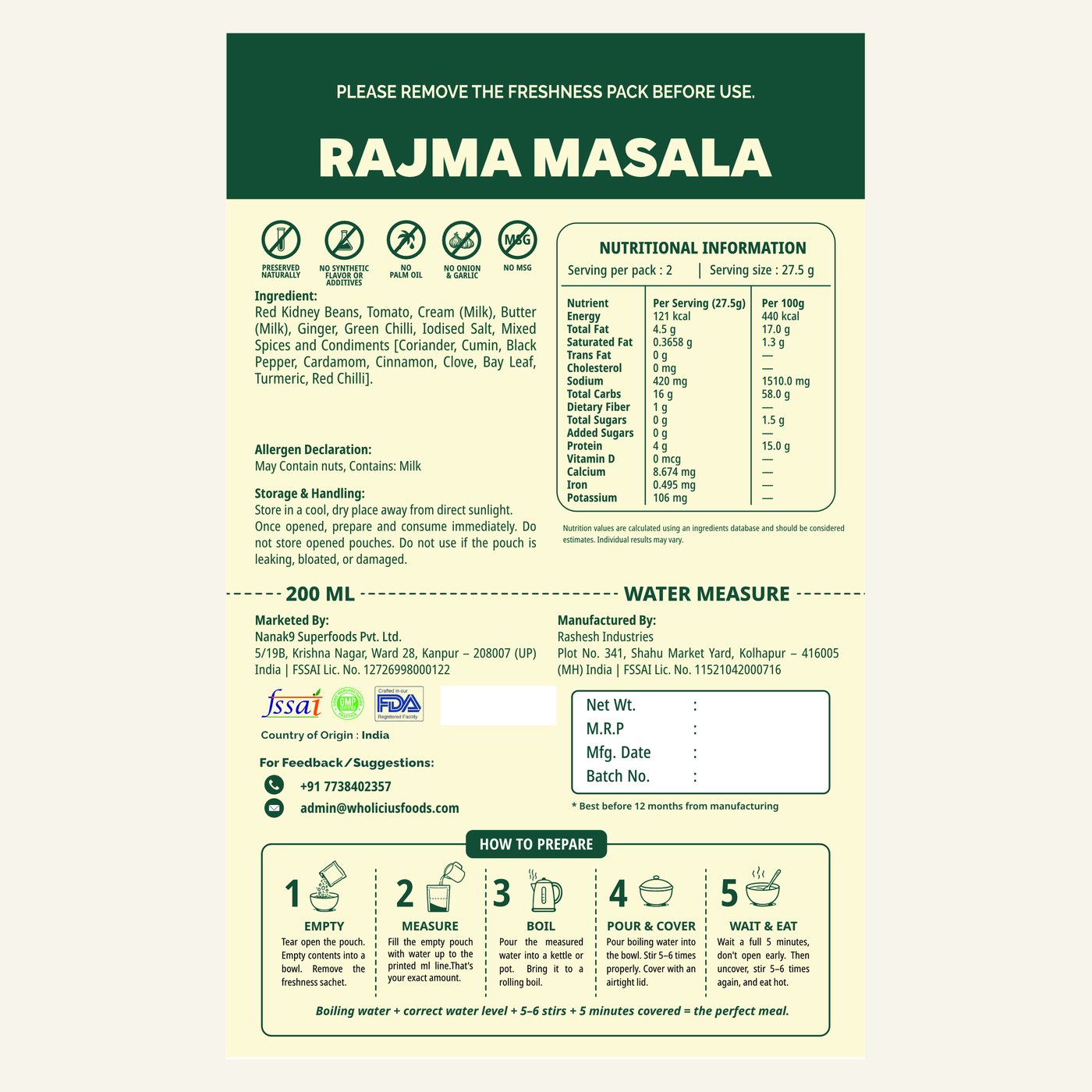Rajma Masala — ingredients, allergens and nutrition