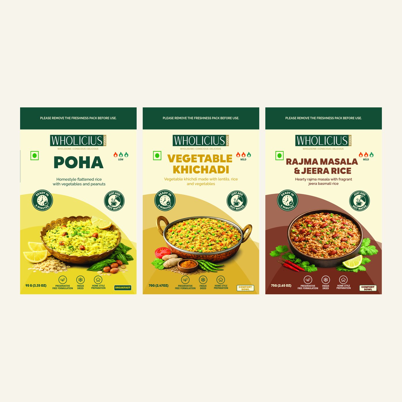 The Starter Pack — Vegetable Poha, Vegetable Khichadi and Rajma Masala & Jeera Rice