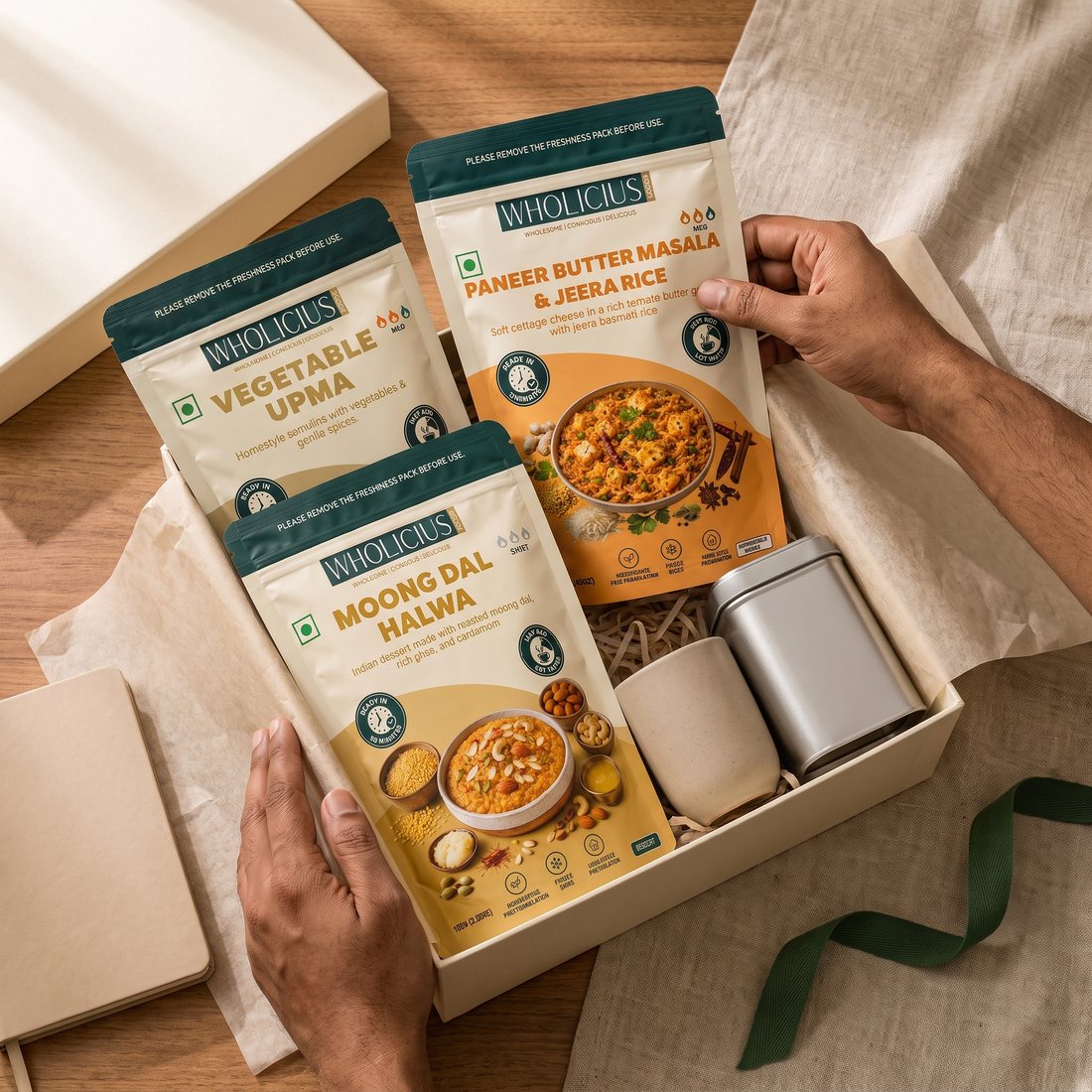 A Wholicius gift box being packed with a ribbon